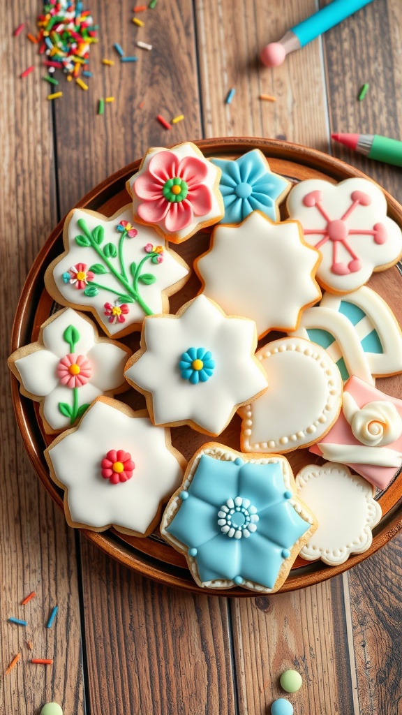 A platter of assorted decorated cookies with royal icing and fondant designs on a wooden table.